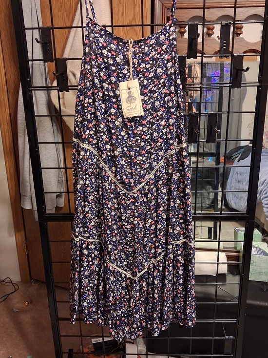 easel Dresses & Skirts - Easel Floral Navy Summer Slip Dress with Lace Trim And Adjustable Straps (Meas)